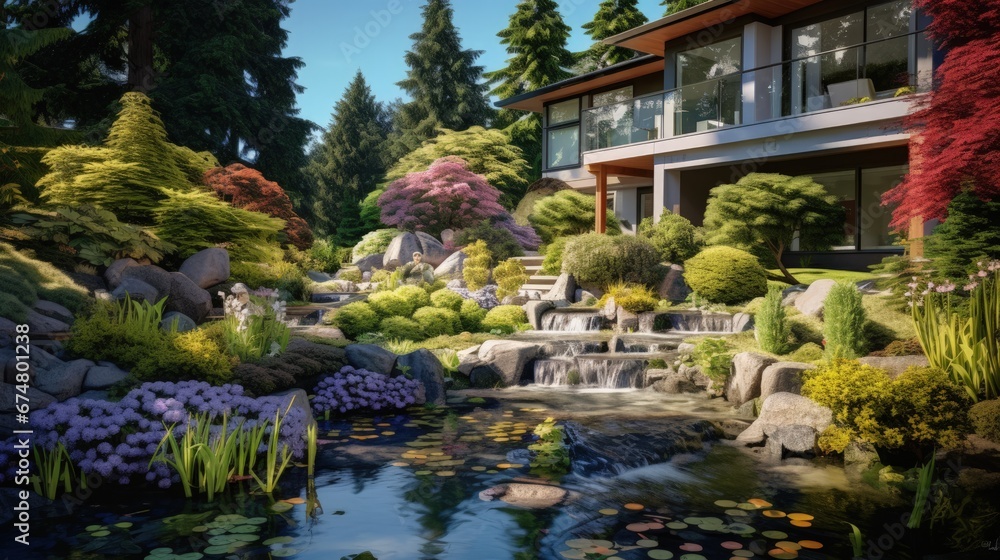 Outdoor landscape garden in North Vancouver, British Columbia, Canada.