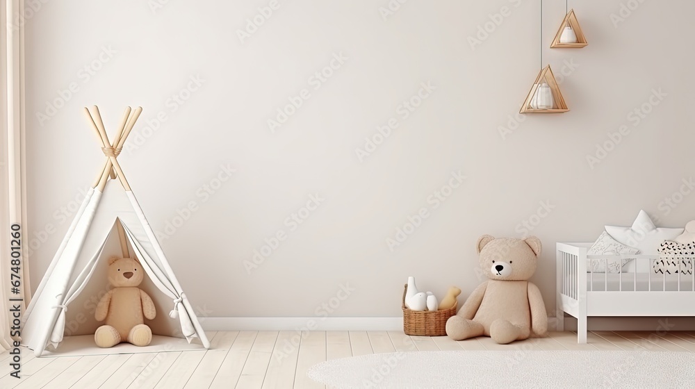 Obraz na płótnie Empty white wall in modern child room. Mock up interior in scandinavian, boho style. Copy space for your picture or poster. Bed, armchair, toys, rattan basket. Cozy room for kids. 3D rendering. w salonie