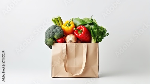 Paper bag with vegetables and fruits on white background. Vegetarian food