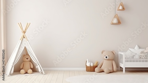 Empty white wall in modern child room. Mock up interior in scandinavian, boho style. Copy space for your picture or poster. Bed, armchair, toys, rattan basket. Cozy room for kids. 3D rendering.