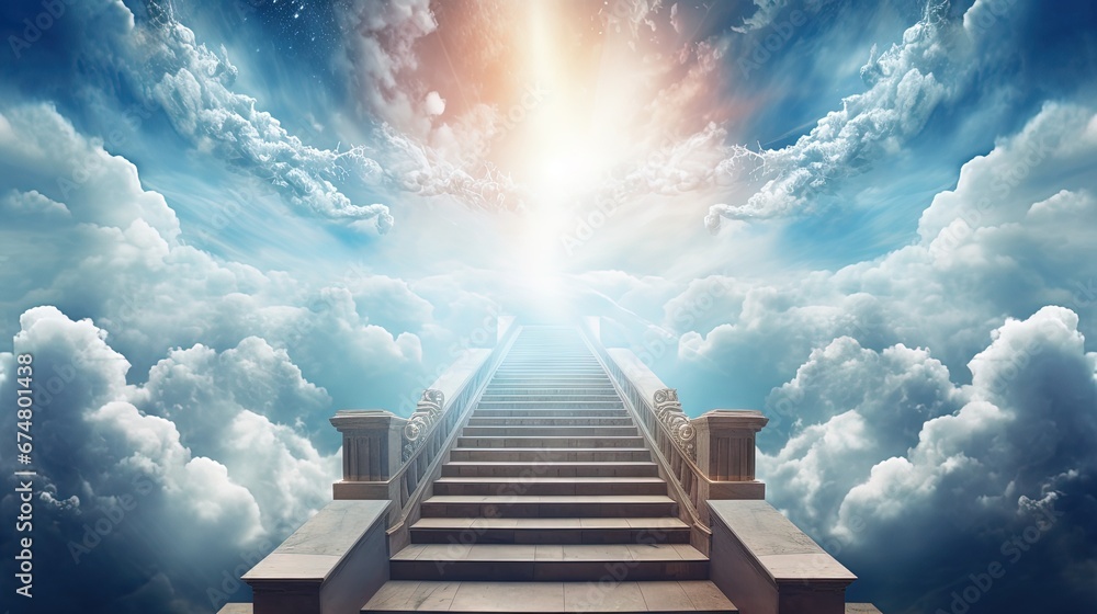 Dramatic religious background - heaven and hell, staircase to heaven, light of hope from blue skies - obrazy, fototapety, plakaty 
