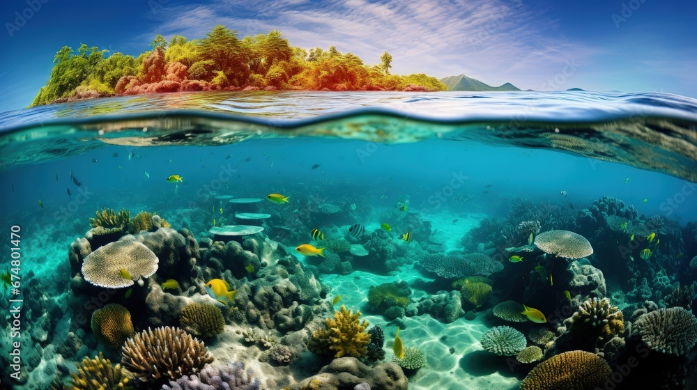 Wonderful underwater marine scenery wide angle photos, these coral reef are in healthy condition. The diversity is amazing and the marine life is abundant. The tropical waters of Indonesia.