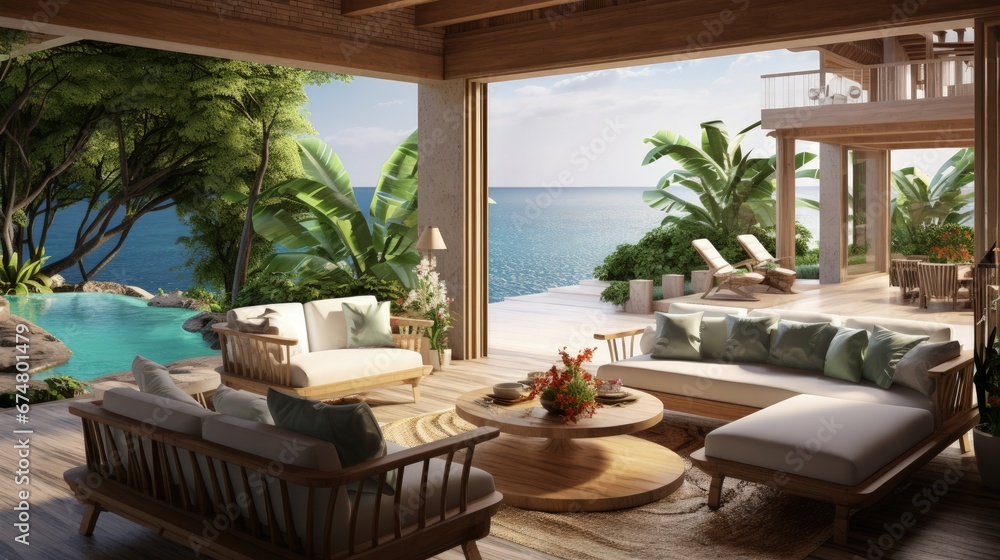 Fototapeta premium Tropical luxury villa interior, living room with sea view veranda
