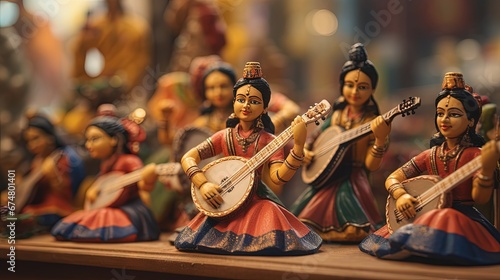 Beautiful handmade dolls of miniature folk musicians performing in a band of classical Indian music is displayed in a shop for sale in blurred background. Indian art and handicraft. photo