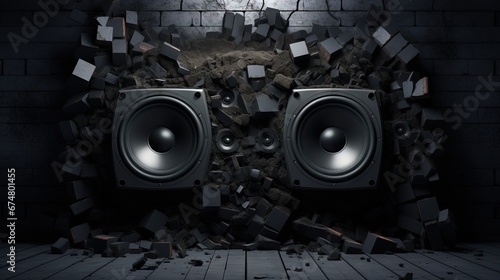 Black wall breaks from the sound of a loudspeaker. 3d illustration