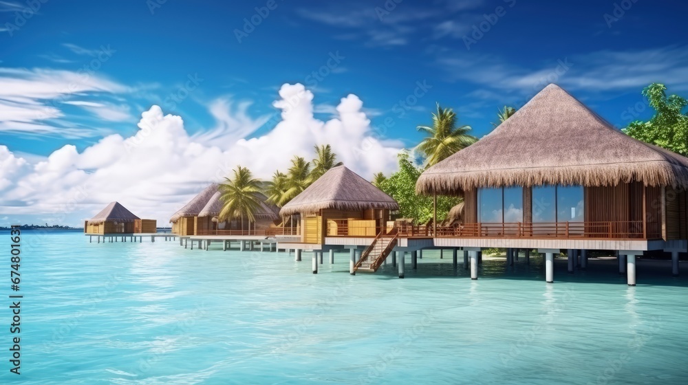 Tropical beach and water bungalows. Travel and tourism to luxury resorts in the Maldives islands. Summer holiday concept Maldives