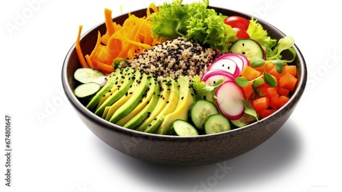 Vegan Buddha bowl with fresh raw vegetables and quinoa isolated on white background.