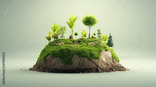3d illustration of mini farm isolated. Plants isolated on soil island. micro world concept.