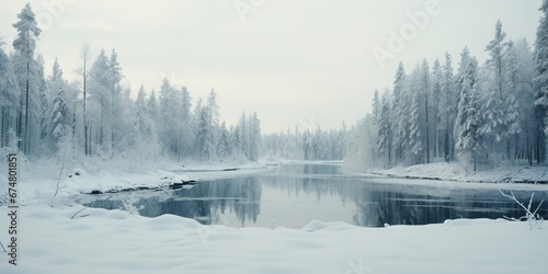 Generative AI, Winter aesthetic landscape panorama, muted neutral colors, forest and mountains. 