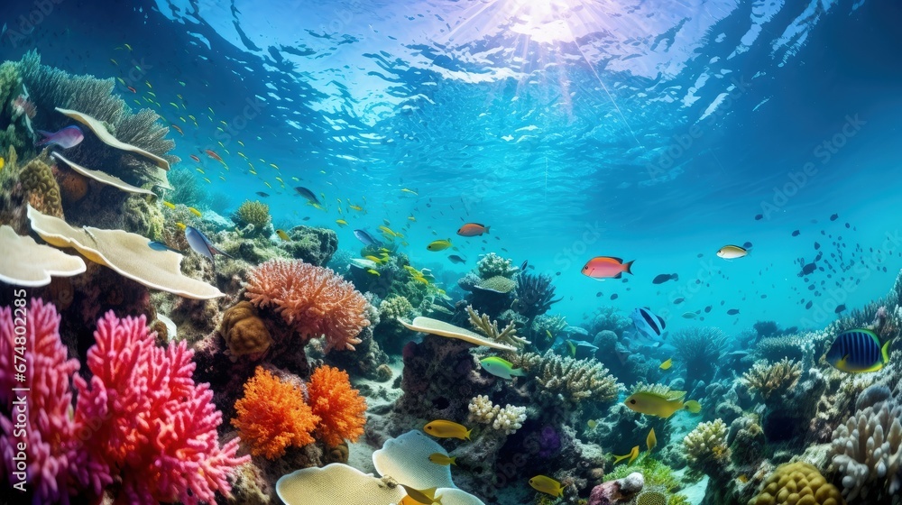 Wonderful underwater marine scenery wide angle photos, these coral reef are in healthy condition. The diversity is amazing and the marine life is abundant. The tropical waters of Indonesia. - obrazy, fototapety, plakaty 