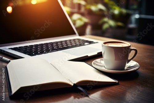 Office table with laptop, book and a cup of coffee. Generative AI