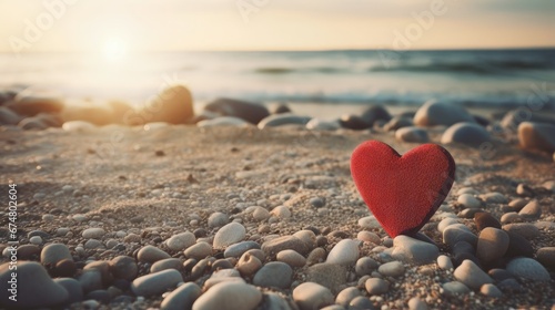 Red heart with wooden Christian cross on gravel floor in morning light, beach sea as background. Jesus love you. Faith hope believe in God. Believe in salvation. Christianity background concept. photo