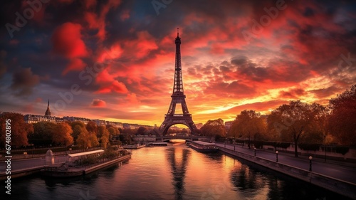 a sunset view of the eiffel tower from paris