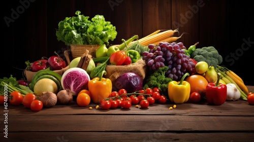 Healthy food background   studio photography of different fruits and vegetables on wooden table