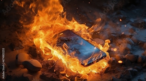 Mobile phone explodes and burns. Cell Phone explosion and fire. Smart Phone Danger from over use or bad manufacturing. Burning up overheating Smart phone concept.