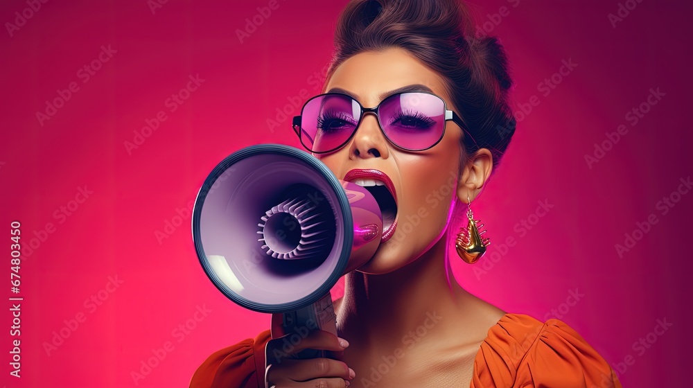 Video marketing, live stream or media clip to promote brand, influencer advertising, content marketing or online digital campaign concept, beauty confidence woman with megaphone on video media player. - obrazy, fototapety, plakaty 