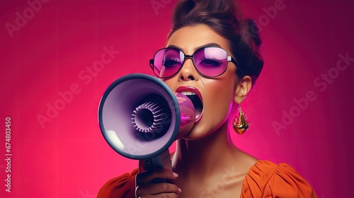 Video marketing, live stream or media clip to promote brand, influencer advertising, content marketing or online digital campaign concept, beauty confidence woman with megaphone on video media player. photo