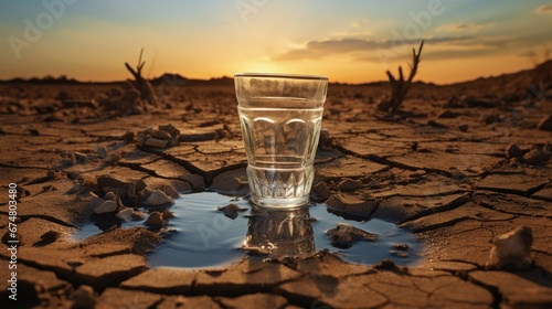 Water is being poured into a drinking glass placed on parched ground. It illustrating the preciousness of drinking water in Europe.