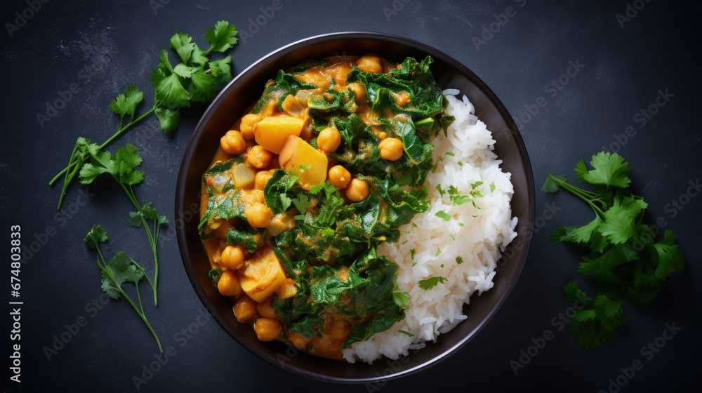 Vegan chickpea potato curry with rice and kale in blue bowl, gray background, top view. Alternative plant-based eco friendly food concept. - obrazy, fototapety, plakaty 