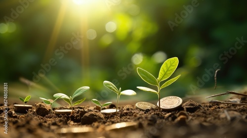 Investment ideas for success Coins and small trees on the ground outdoor nature blurred background photo
