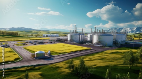 Production of sustainable fuel called bio gas. New factory in field. View from above. Ecological production concept photo