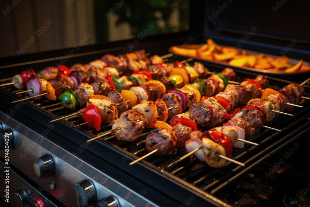 Beef skewers with onions and peppers being roasted on the barbecue. Generative AI
