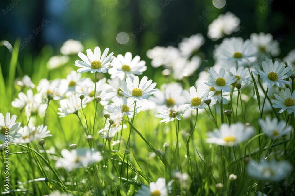 Landscape of small white daisies with grass around, bokeh background. Generative AI
