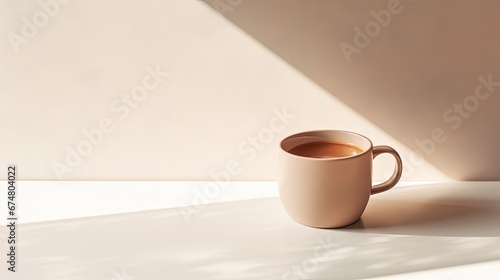 Cup of coffee on a beige table, empty white wall with natural sunlight shadows, aesthetic minimalist business branding background, copy space