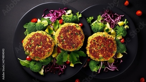 Vegan burgers with quinoa, broccoli, cauliflower served with salad on gray table. Vegan healthy lunch or dinner. top view