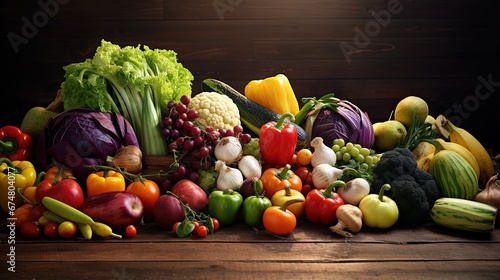 Healthy food background   studio photography of different fruits and vegetables on wooden table