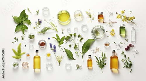 Organic cosmetic product, natural ingredient and laboratory glassware on white background, top view photo