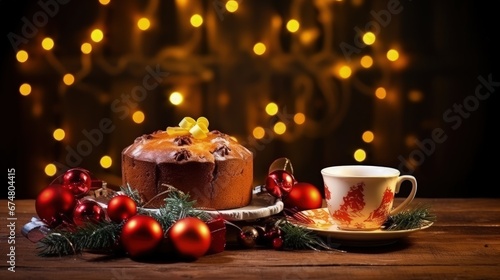 Christmas pudding, fruit cake with cup of tea. Traditional festive dessert. Dark background with lights garland. Copy space.