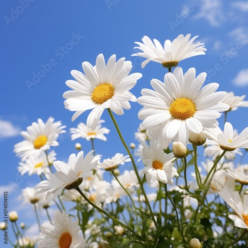 Landscape with white daisies, sky in the background. Generative AI