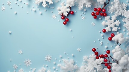 Christmas or winter composition. Frame made of snowflakes and red berries on pastel blue background. Christmas, winter, new year concept. Flat lay, top view, copy space