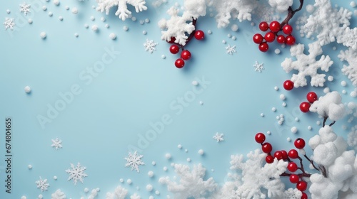 Christmas or winter composition. Frame made of snowflakes and red berries on pastel blue background. Christmas  winter  new year concept. Flat lay  top view  copy space