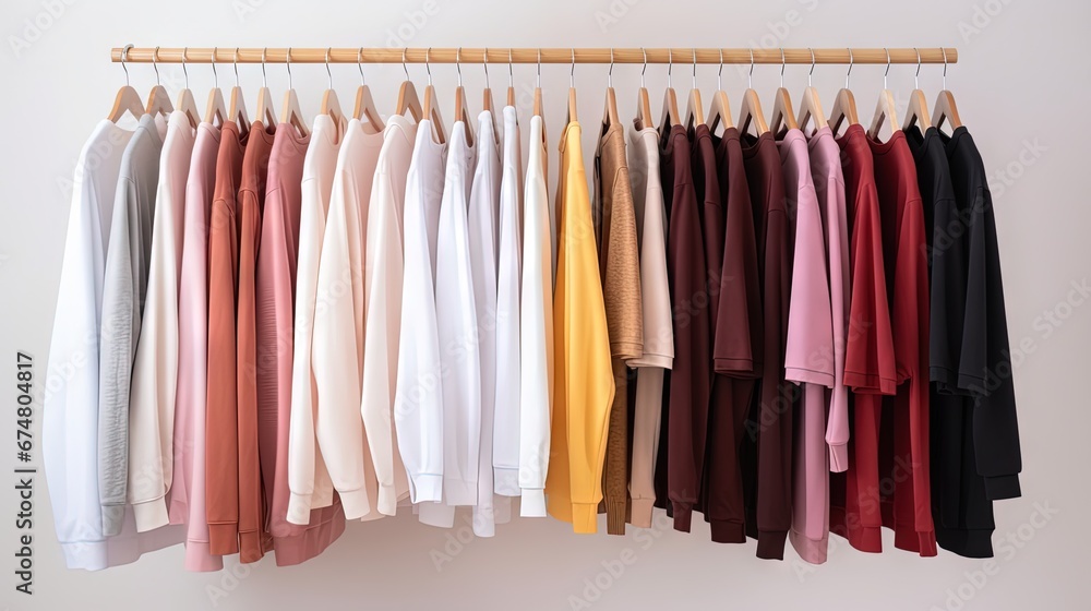 Minimal fashion clothes concept. Female blouses and t-shirts on hanger on white background. Fashion blog, website, social media hero header. Minimal fashion clothes concept. Female blouses and t-shirts on hanger on white background. Fashion blog, website, social media hero header.