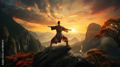 Asian man, fighter practices martial arts in high mountains at sunset. Kung fu and karate pose. Also concepts of discipline, concentration, meditaion etc. Unique