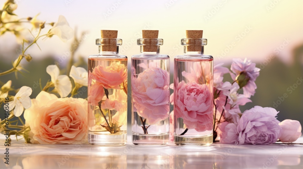 Panoramic header of three essential oil bottles with rose de mai flowers in the background - obrazy, fototapety, plakaty 