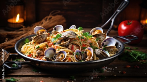 Traditional italian seafood pasta with clams Spaghetti alle Vongole in the pan on wooden background