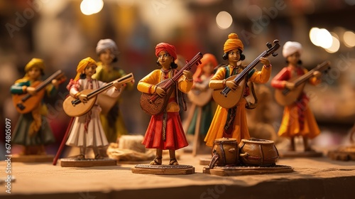 Beautiful handmade dolls of miniature folk musicians performing in a band of classical Indian music is displayed in a shop for sale in blurred background. Indian art and handicraft.