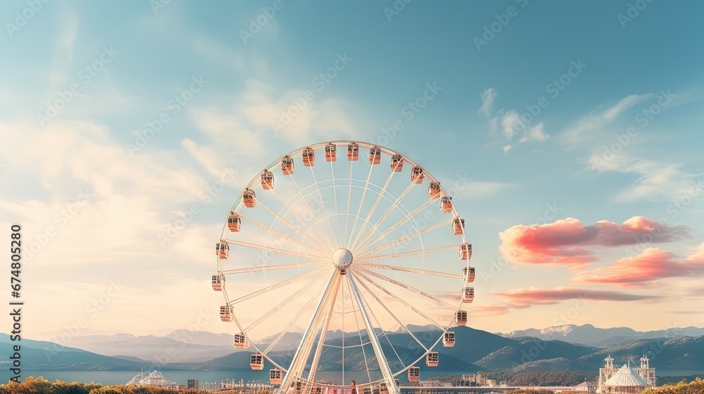 Ferris wheel on sky and mountain background.