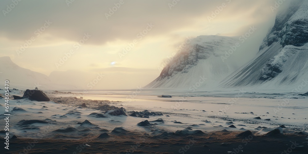 Generative AI, Winter aesthetic landscape panorama, muted neutral colors, forest and mountains.. Generative AI, Winter aesthetic landscape panorama, muted neutral colors, forest and mountains..
