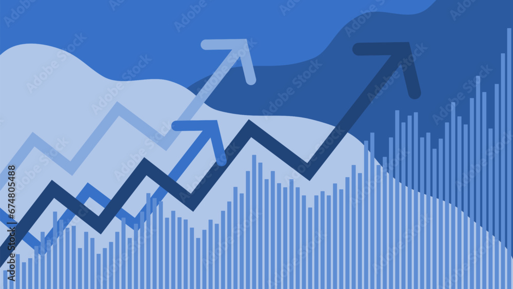 Financial themed background, with bar chart and arrows with an upward trend on blue tones. - obrazy, fototapety, plakaty 