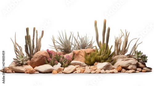 desert scene cutout, dry plants with rocks isolated on white background banner, 3d illustration
