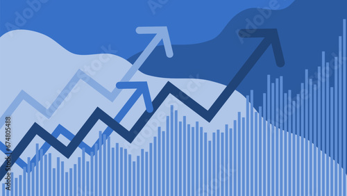 Financial themed background, with bar chart and arrows with an upward trend on blue tones. photo
