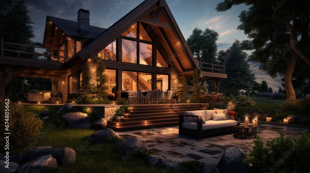 Beautiful chalet cider home exterior during evening with new deisgn outdoor furniture. Beautiful chalet cider home exterior during evening with new deisgn outdoor furniture.