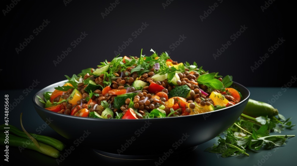 salad with lentils and vegetables in a deep plate on a gray background, vegetarian food salad with lentils and vegetables in a deep plate on a gray background, vegetarian food