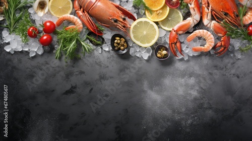 Fresh seafood with herbs and lemon on ice. Prawns, fish, mussels and scallops over steel metal background. Food frame.
