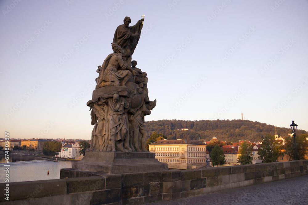 View of Charles Bridge Statue in the morning in Prague