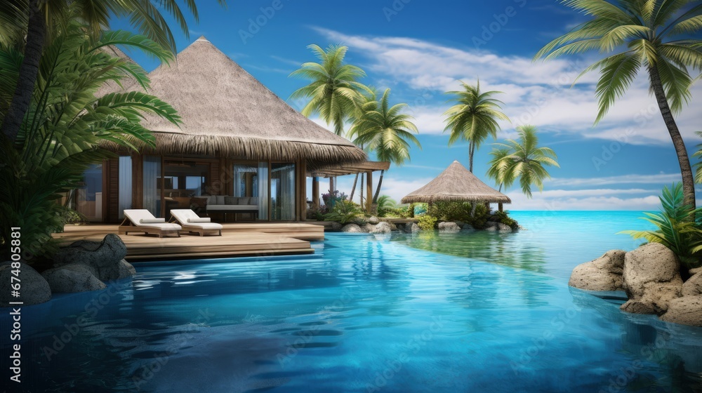 Blue water swimming pool and bungalows. Magnificent Maldivian Villa. Бассейн и бунгало, Мальдивы